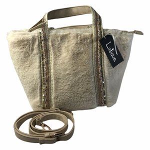 2/$30 LaTique Quinn Faux Fur Satchel Purse Handbag Cream Sequins Rhinestones